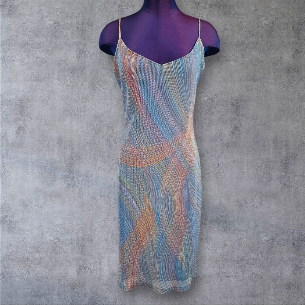 Vintage Windsor Multicolor Midi Dress Crinkle Retro Party Cocktail Large R32